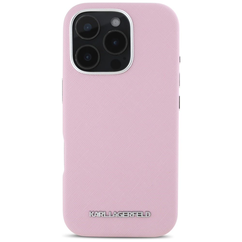 Custodia MagSafe per Apple iPhone 16 Pro Max, Karl Lagerfeld, Saffiano Full Wrapped Elongated Metal Logo, Rosa