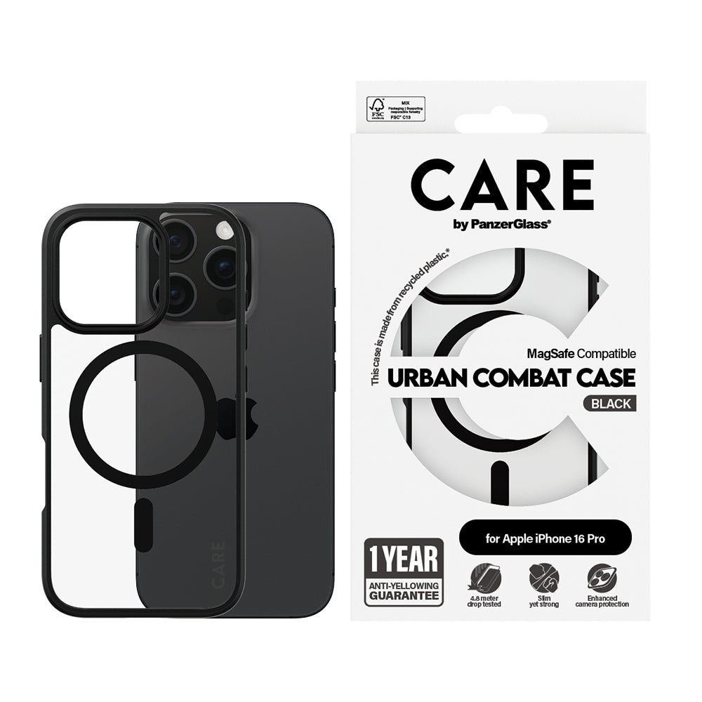 Coque MagSafe pour Apple iPhone 16 Pro, PanzerGlass, Care Urban Combat, Noire Transparente