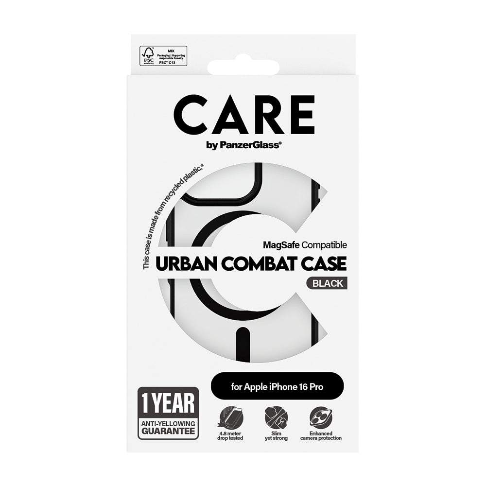 Coque MagSafe pour Apple iPhone 16 Pro, PanzerGlass, Care Urban Combat, Noire Transparente