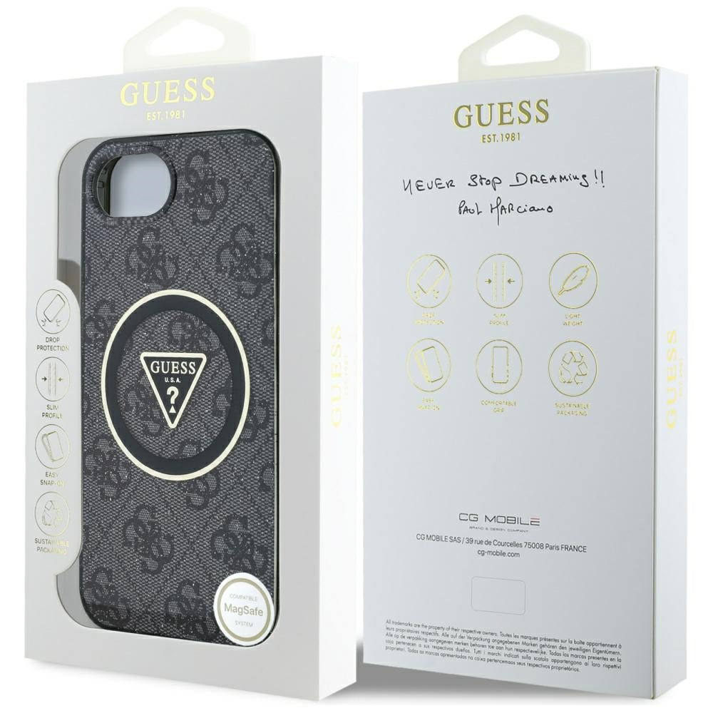 Custodia MagSafe per Apple iPhone 17e / 16e, Guess, IML Glitter 4G Circle Triangle, Nera