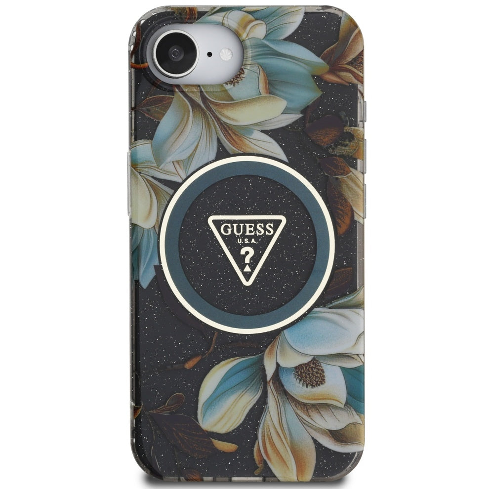 MagSafe Hülle für Apple iPhone 17e / 16e, Guess, IML Metal Glitter Flowers Triangle, Schwarz