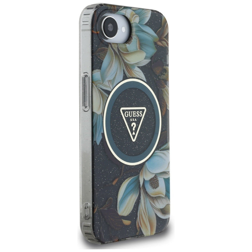 MagSafe Hülle für Apple iPhone 17e / 16e, Guess, IML Metal Glitter Flowers Triangle, Schwarz