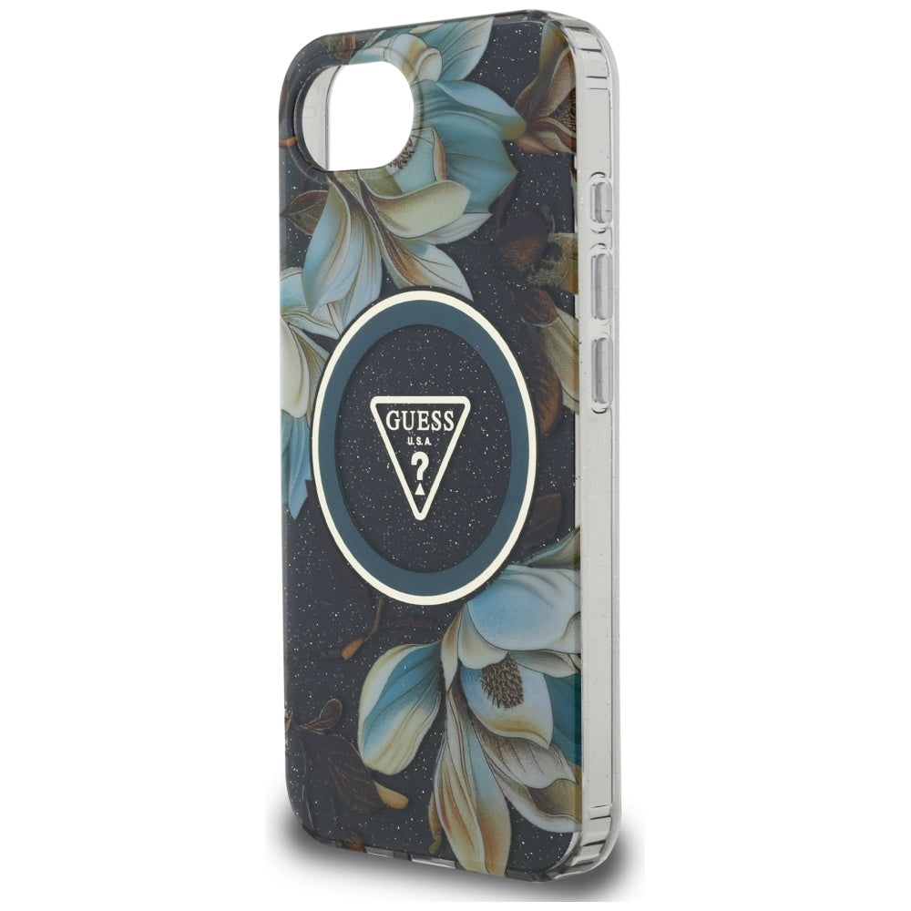MagSafe Hülle für Apple iPhone 17e / 16e, Guess, IML Metal Glitter Flowers Triangle, Schwarz
