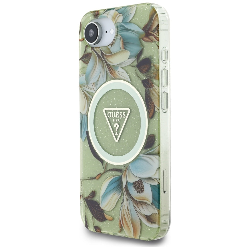 Étui MagSafe pour Apple iPhone 17e / 16e, Guess, IML Metal Glitter Flowers Triangle, Vert