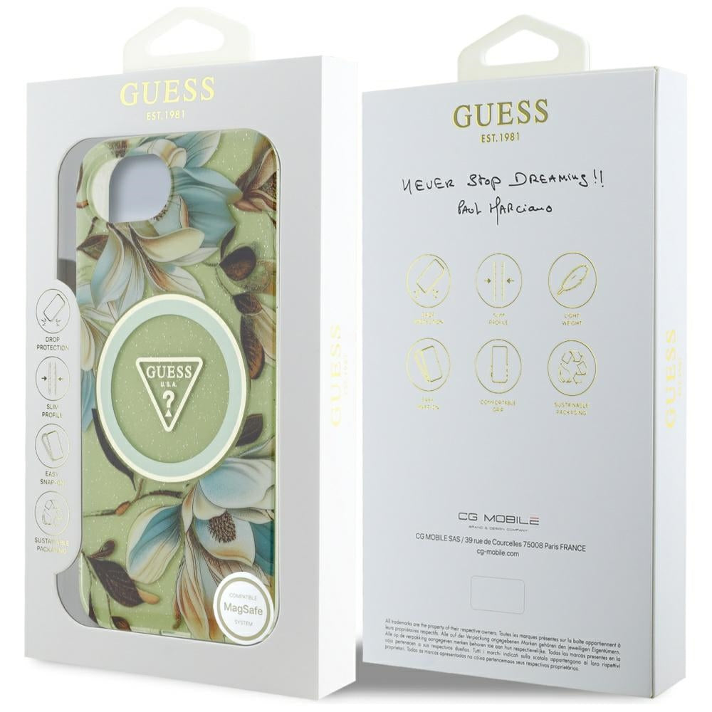 Étui MagSafe pour Apple iPhone 17e / 16e, Guess, IML Metal Glitter Flowers Triangle, Vert
