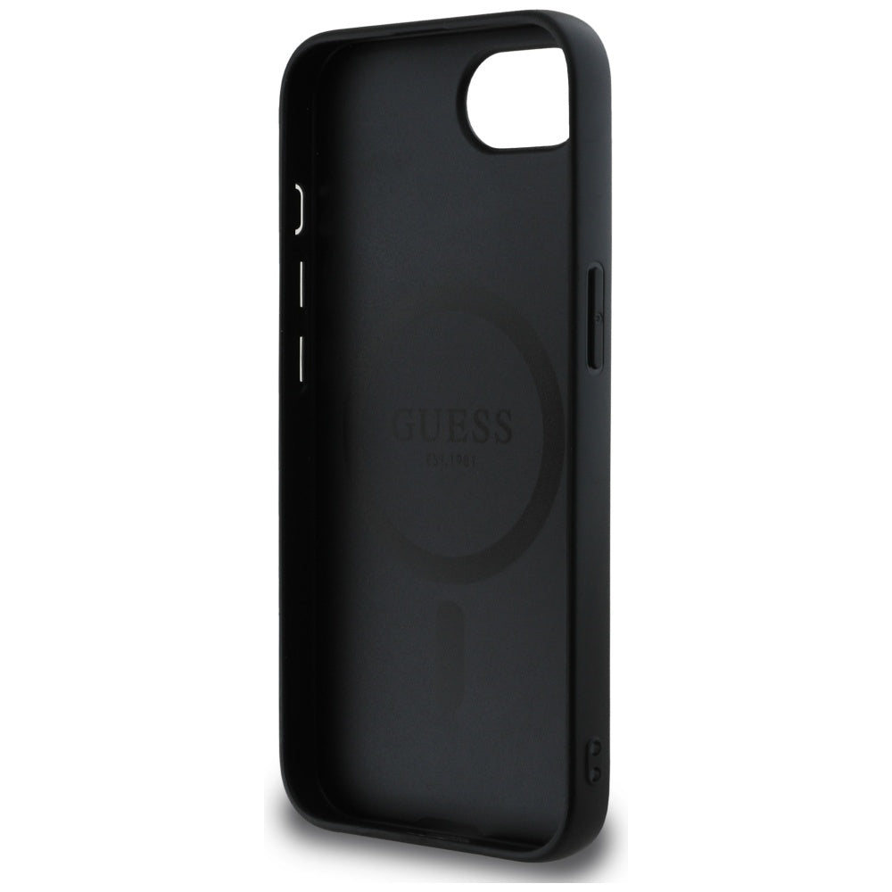 Custodia MagSafe per Apple iPhone 17e / 16e, Guess, Peony Grained Hot Stamp Triangle, Nera
