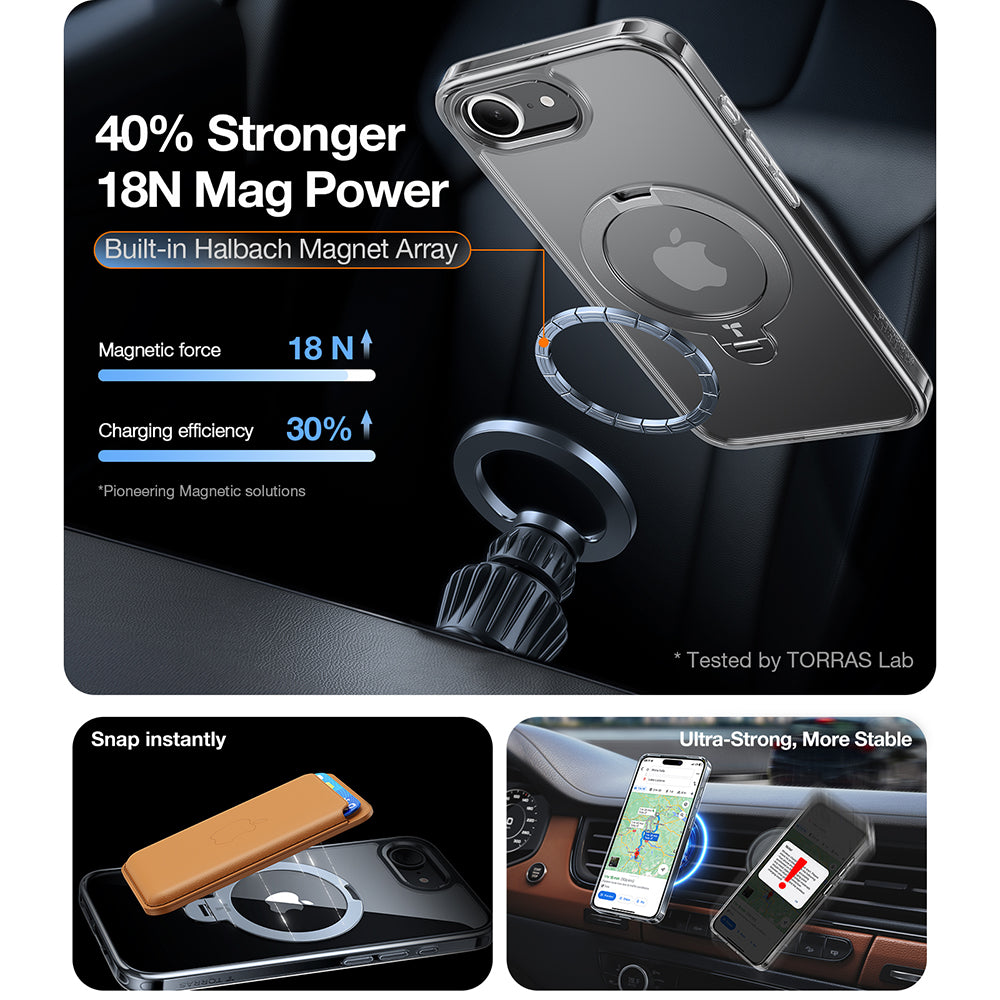 MagSafe Hülle für Apple iPhone 17e / 16e, Torras, Ostand Spin, Transparent
