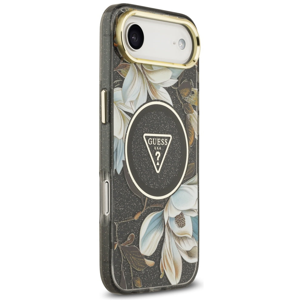 Étui MagSafe pour Apple iPhone 17 Air, Guess, IML Metal Glitter Flowers Triangle, Noir