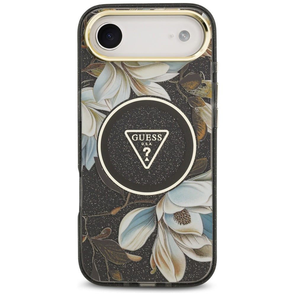 Étui MagSafe pour Apple iPhone 17 Air, Guess, IML Metal Glitter Flowers Triangle, Noir