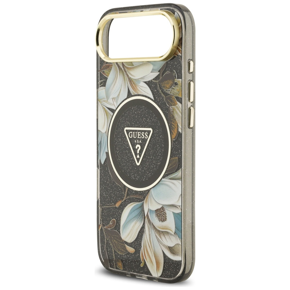 Étui MagSafe pour Apple iPhone 17 Air, Guess, IML Metal Glitter Flowers Triangle, Noir