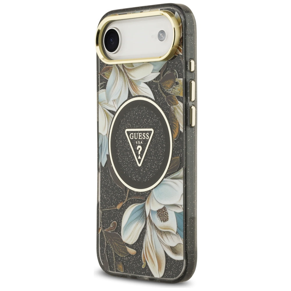 Étui MagSafe pour Apple iPhone 17 Air, Guess, IML Metal Glitter Flowers Triangle, Noir