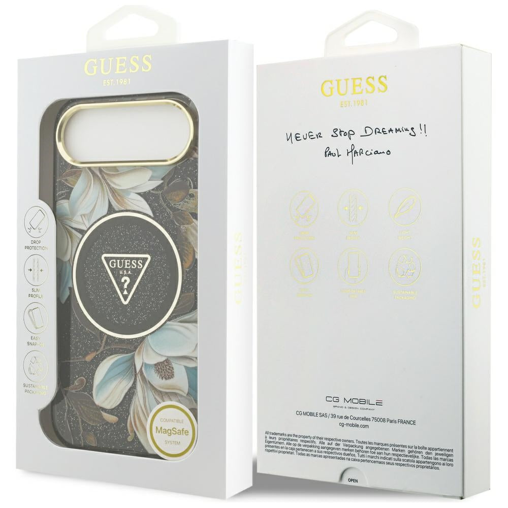 Étui MagSafe pour Apple iPhone 17 Air, Guess, IML Metal Glitter Flowers Triangle, Noir