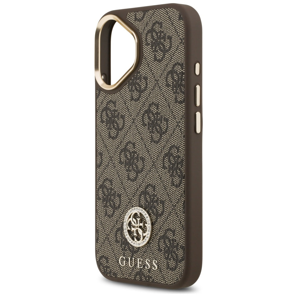 Étui MagSafe pour Apple iPhone 17, Guess, Logo Strass 4G avec Grande Bandoulière, Marron