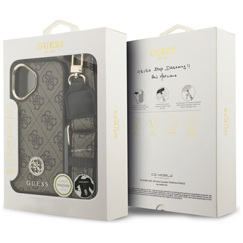 Étui MagSafe pour Apple iPhone 17, Guess, Logo Strass 4G avec Grande Bandoulière, Marron