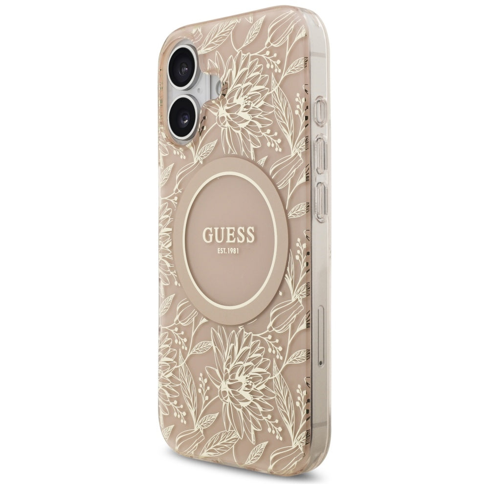 Coque MagSafe pour Apple iPhone 17, Guess, IML Flowers Allover Electroplated with Pearl Strap, Noire