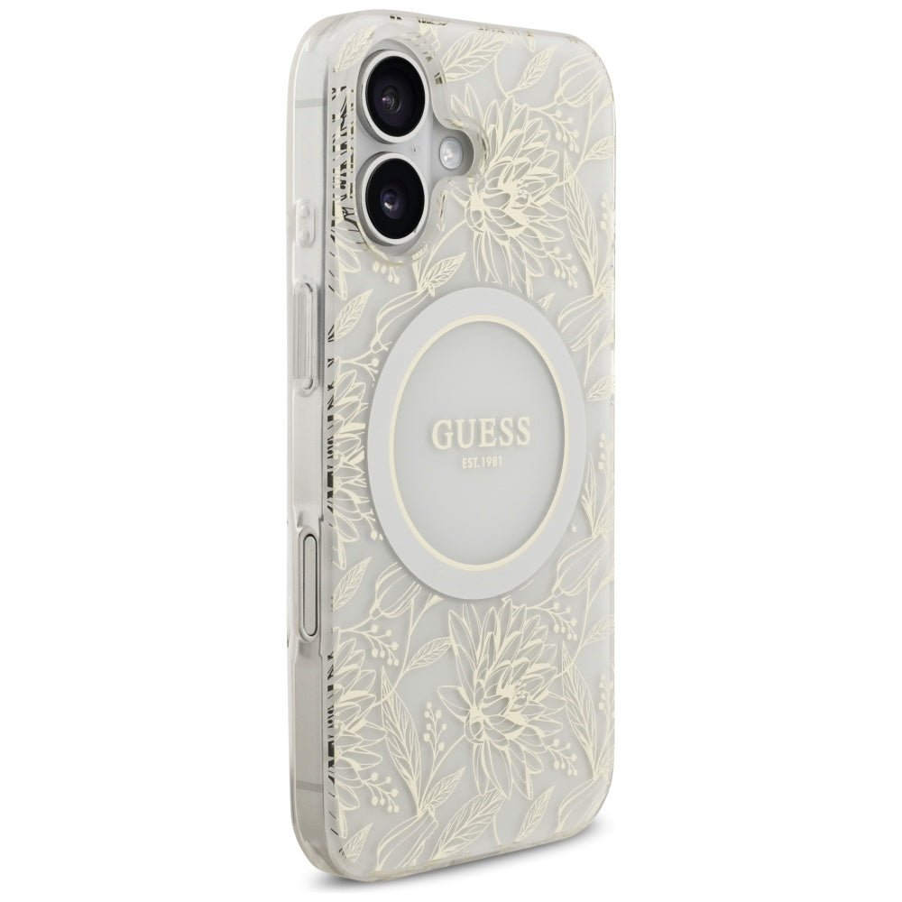MagSafe Hülle für Apple iPhone 17, Guess, IML Flowers with Pearl Strap, Weiß