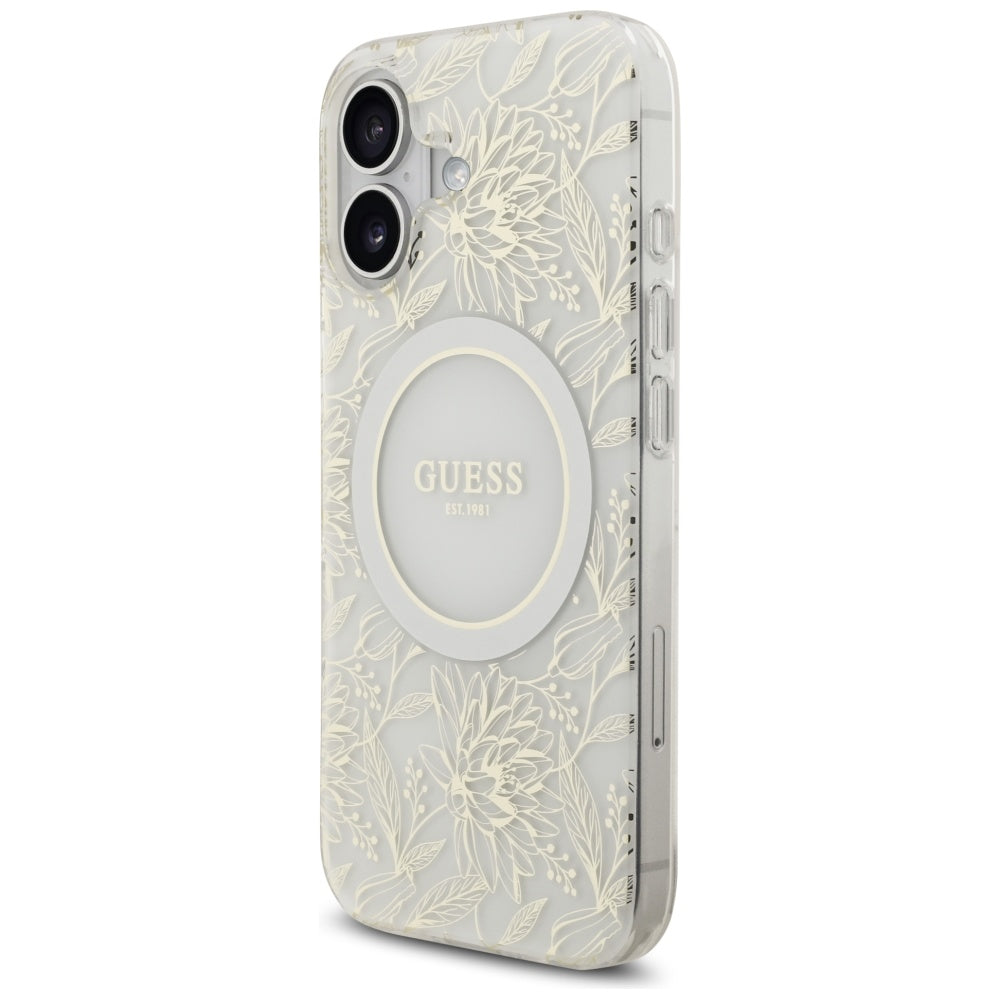 MagSafe Hülle für Apple iPhone 17, Guess, IML Flowers with Pearl Strap, Weiß