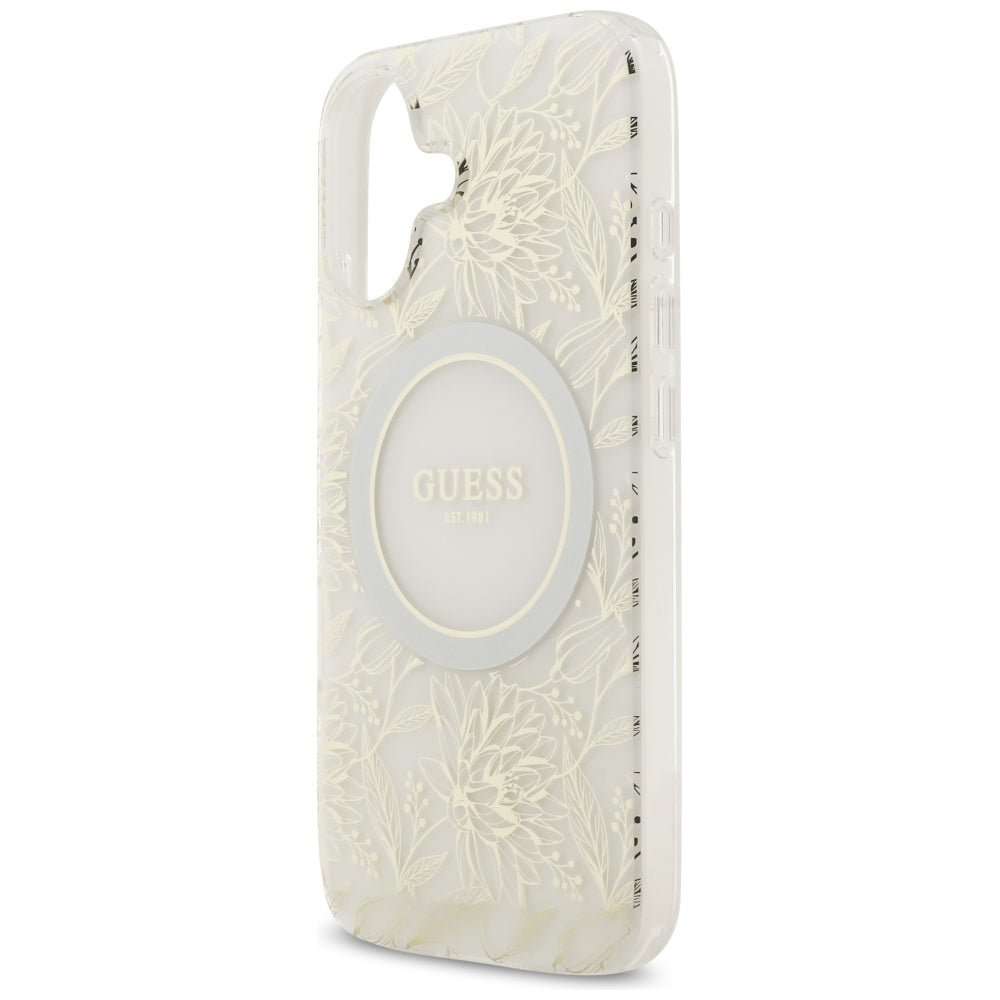 MagSafe Hülle für Apple iPhone 17, Guess, IML Flowers with Pearl Strap, Weiß