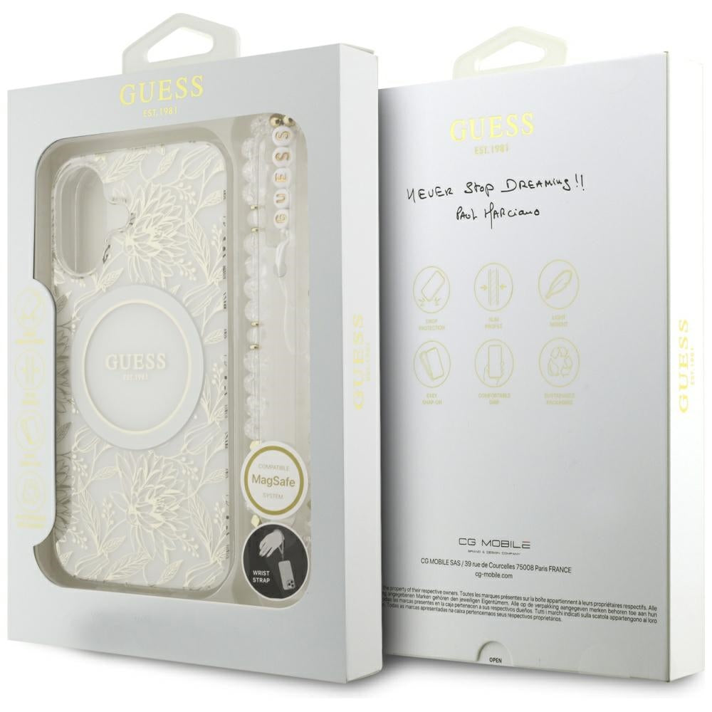 MagSafe Hülle für Apple iPhone 17, Guess, IML Flowers with Pearl Strap, Weiß