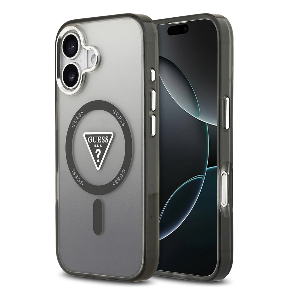 Coque MagSafe pour Apple iPhone 17, Guess, logo triangle dégradé IML, Noire
