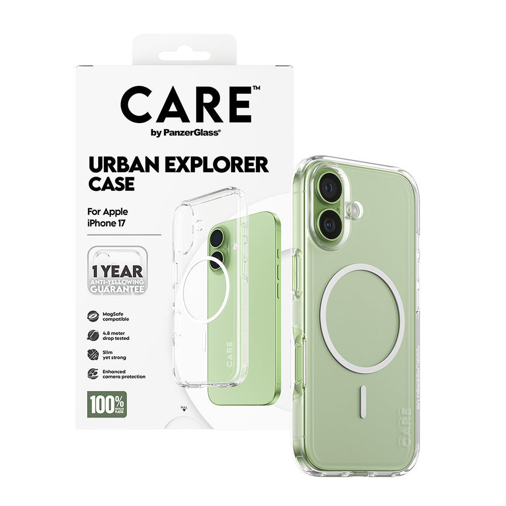 Custodia MagSafe per Apple iPhone 17, PanzerGlass, Care Urban Explorer, Trasparente Bianca