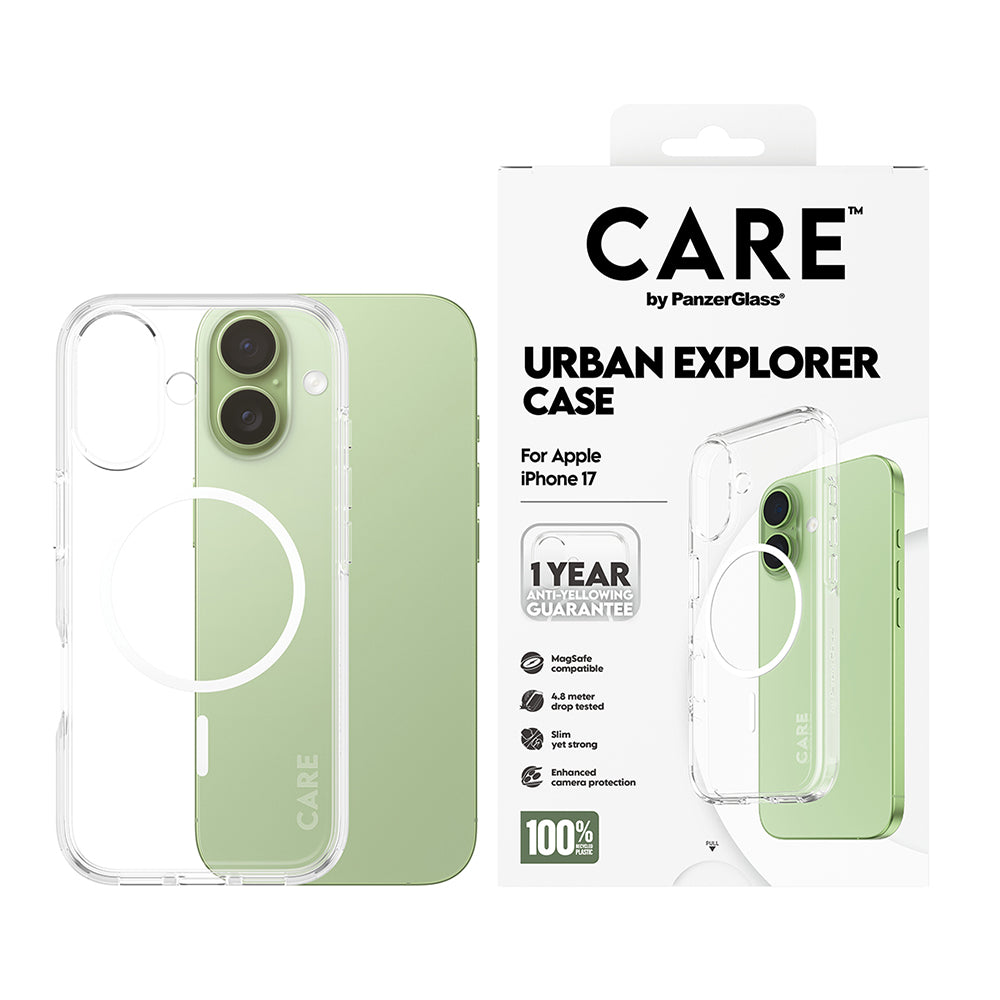 Custodia MagSafe per Apple iPhone 17, PanzerGlass, Care Urban Explorer, Trasparente Bianca