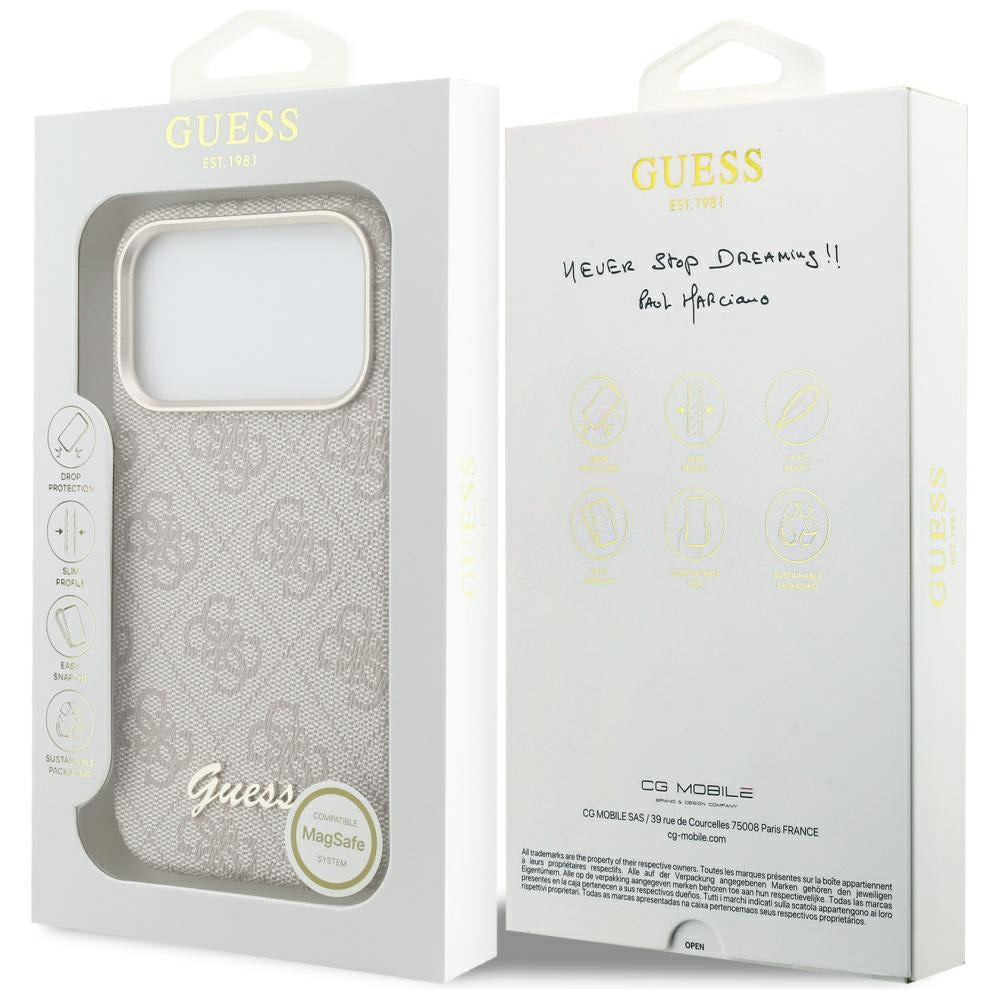 Custodia MagSafe per Apple iPhone 17 Pro, Guess, 4G Script Logo, Rosa