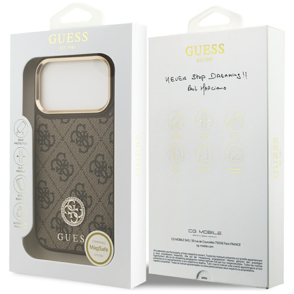 Custodia MagSafe per Apple iPhone 17 Pro, Guess, Logo Strass 4G, Marrone