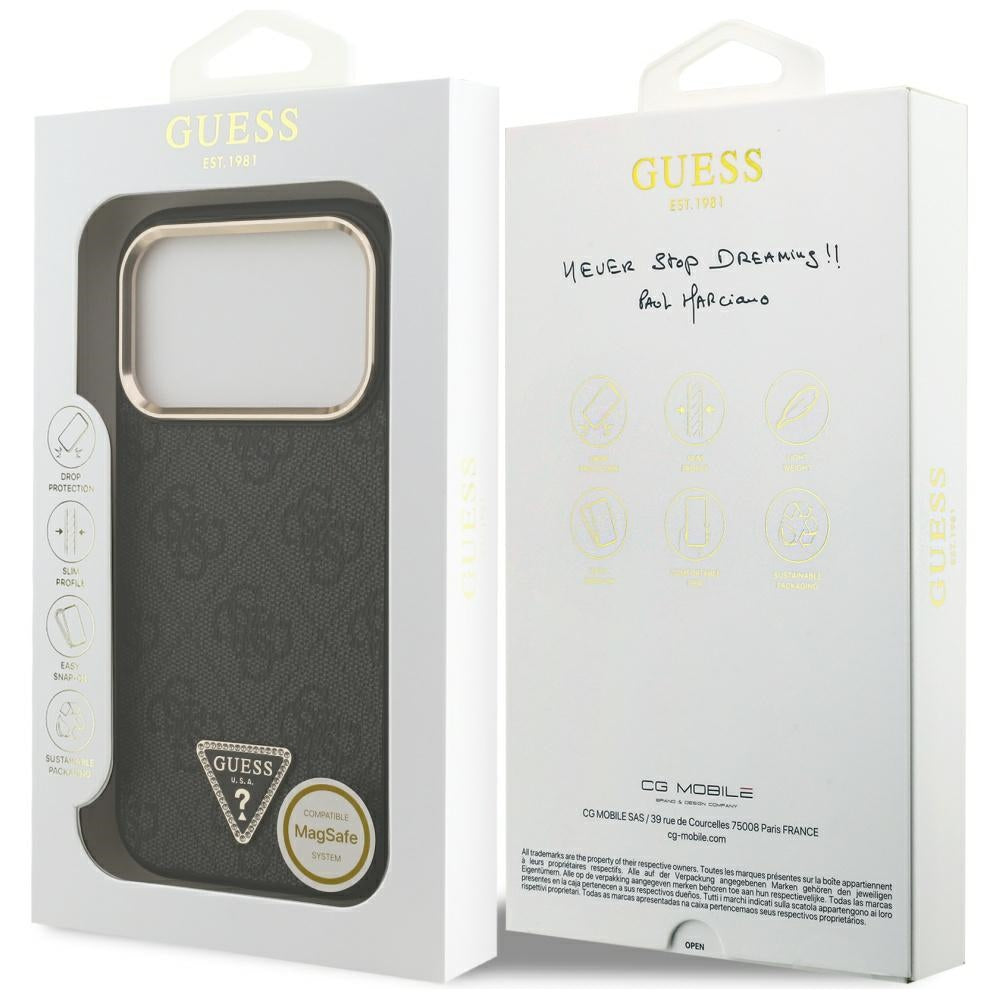 Custodia MagSafe per Apple iPhone 17 Pro, Guess, Logo Triangolo 4G, Nero Dorato