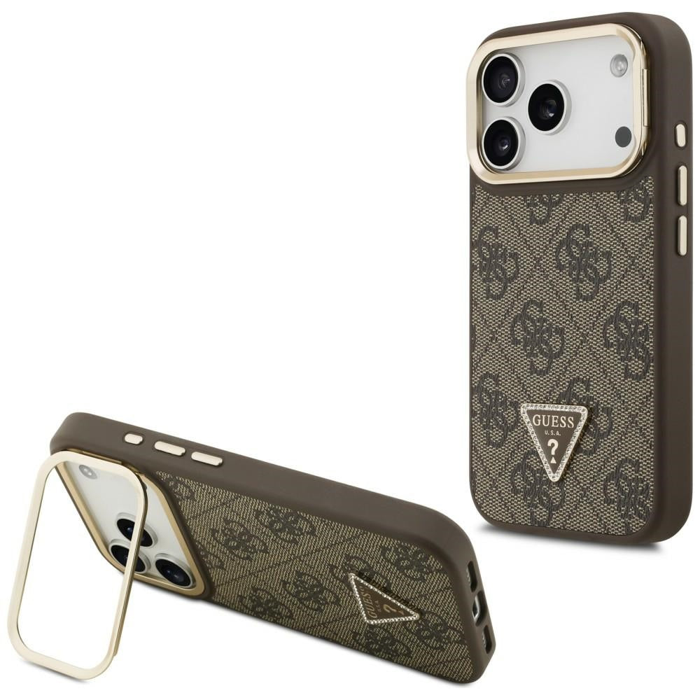 Étui MagSafe pour Apple iPhone 17 Pro, Guess, logo triangle 4G avec support pour caméra, Marron Doré.