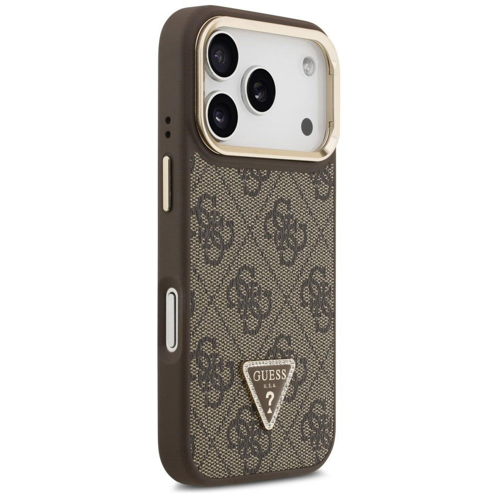 Étui MagSafe pour Apple iPhone 17 Pro, Guess, logo triangle 4G avec support pour caméra, Marron Doré.