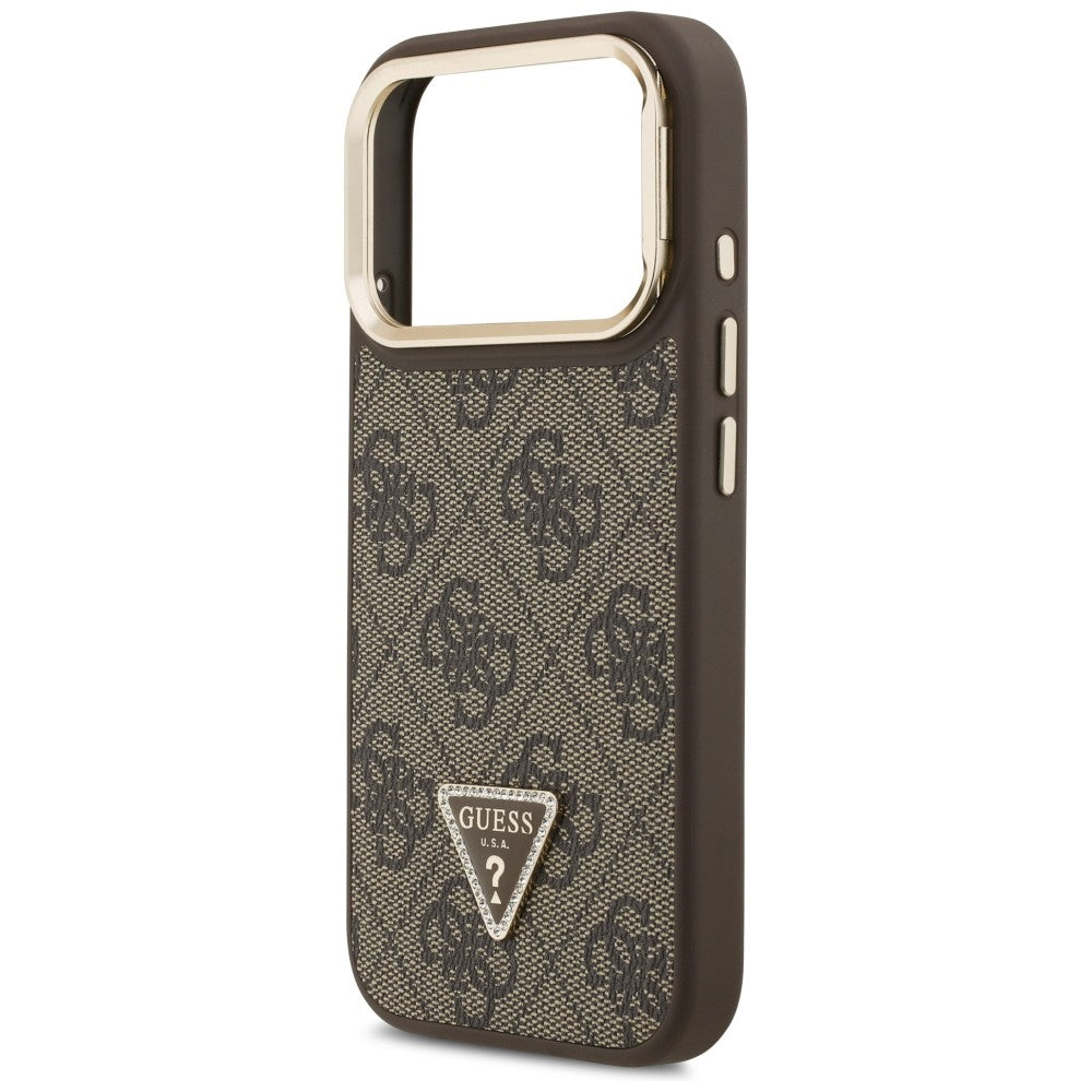 Étui MagSafe pour Apple iPhone 17 Pro, Guess, logo triangle 4G avec support pour caméra, Marron Doré.