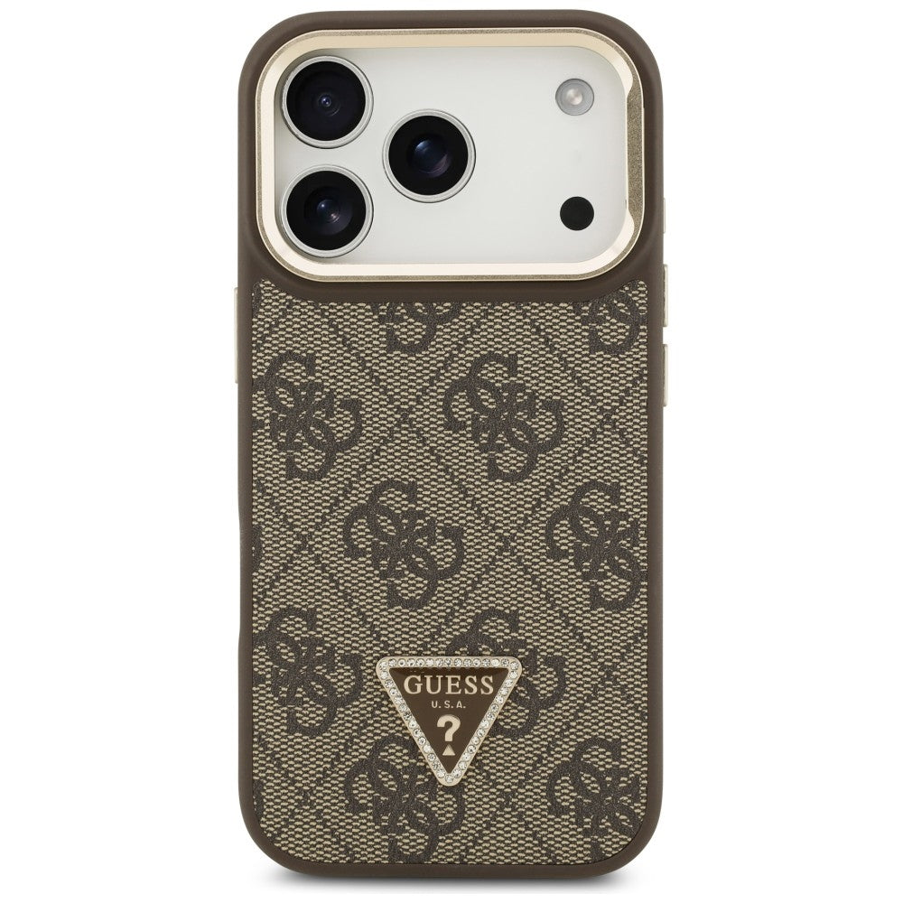 Étui MagSafe pour Apple iPhone 17 Pro, Guess, logo triangle 4G avec support pour caméra, Marron Doré.