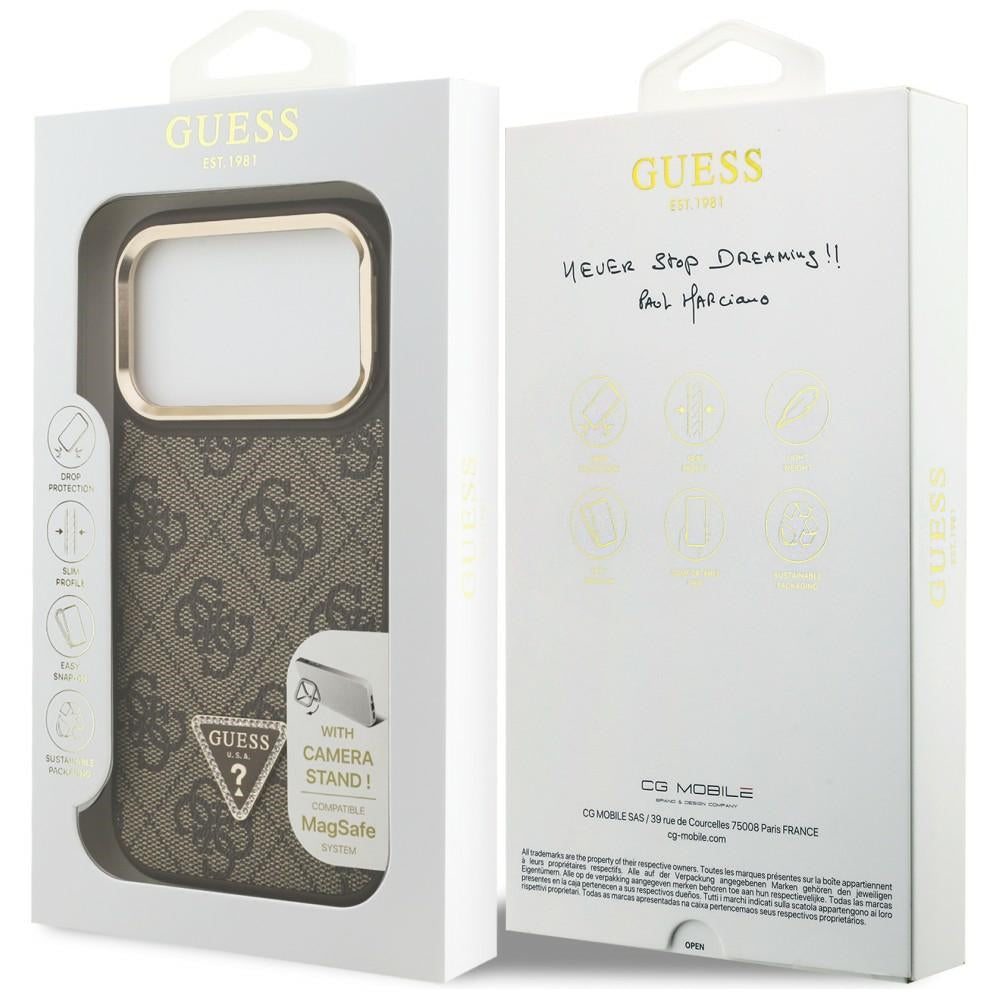 Étui MagSafe pour Apple iPhone 17 Pro, Guess, logo triangle 4G avec support pour caméra, Marron Doré.