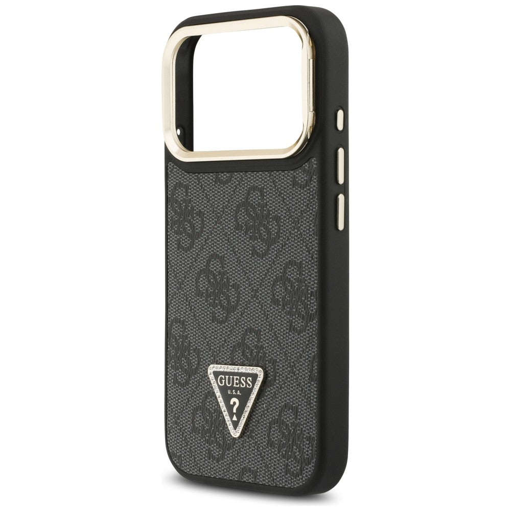 MagSafe Hülle für Apple iPhone 17 Pro, Guess, 4G Triangle Logo mit Kameraständer, Schwarz Gold
