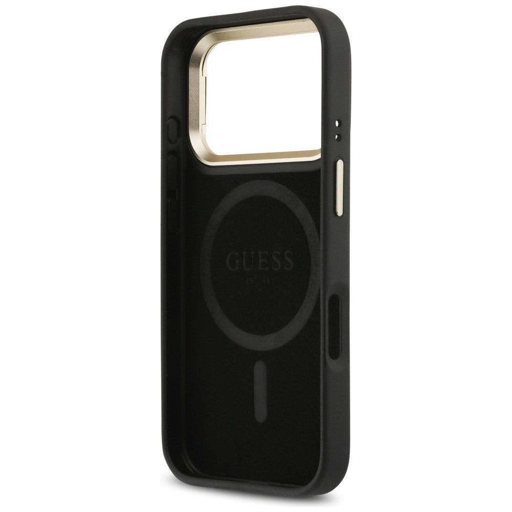 MagSafe Hülle für Apple iPhone 17 Pro, Guess, 4G Triangle Logo mit Kameraständer, Schwarz Gold