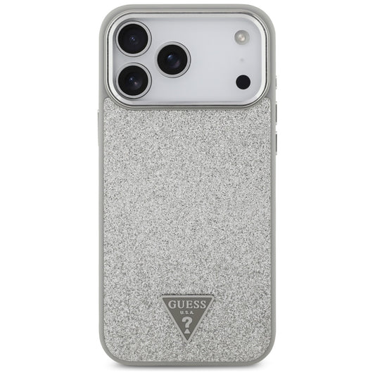 MagSafe Hülle für Apple iPhone 17 Pro, Guess, Glitter Triangle Logo, Silber