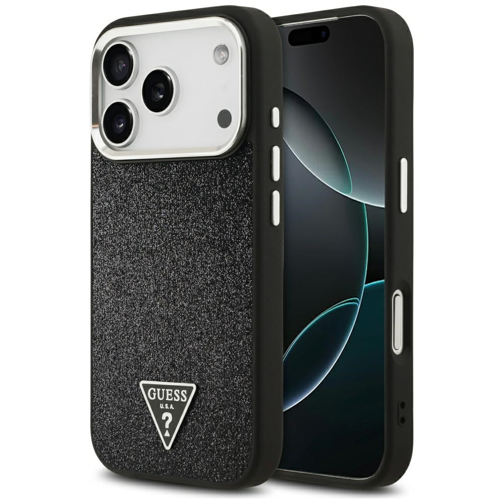 MagSafe Hülle für Apple iPhone 17 Pro, Guess, Glitter Triangle Logo, Schwarz