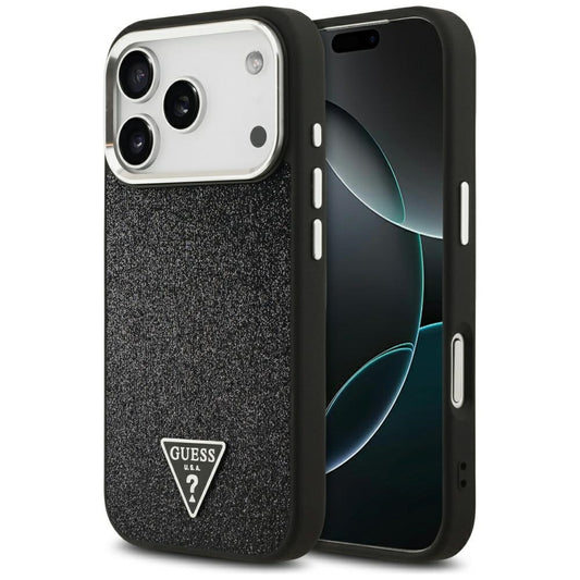 MagSafe Hülle für Apple iPhone 17 Pro, Guess, Glitter Triangle Logo, Schwarz