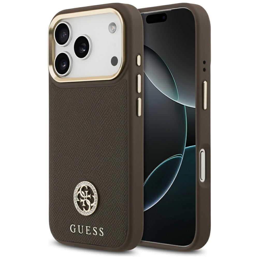Housse MagSafe pour Apple iPhone 17 Pro, Guess, Logo Strass Grainé, Marron