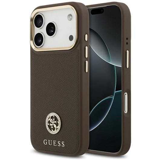 MagSafe Hülle für Apple iPhone 17 Pro, Guess, Grained Strass Logo, Braun