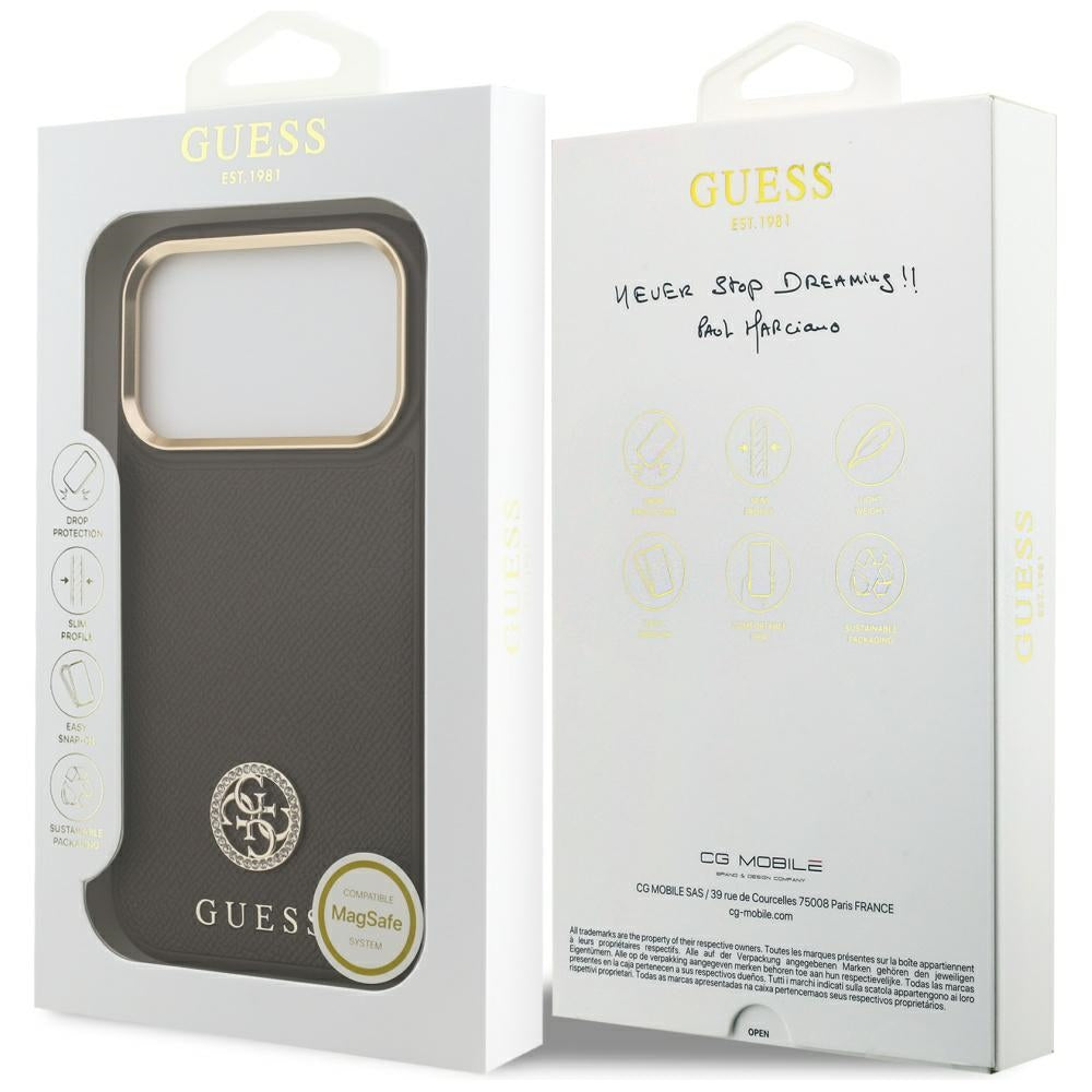 Housse MagSafe pour Apple iPhone 17 Pro, Guess, Logo Strass Grainé, Marron