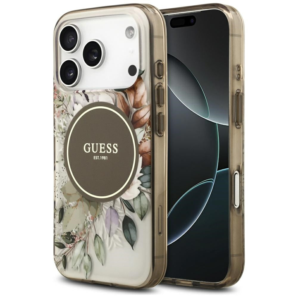 Custodia MagSafe per Apple iPhone 17 Pro, Guess, IML Flower and Tonal Circle, Marrone