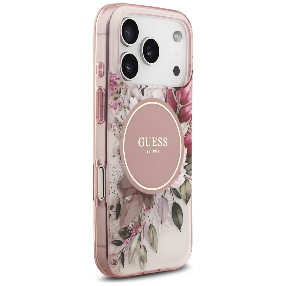 Custodia MagSafe per Apple iPhone 17 Pro, Guess, IML Flower and Tonal Circle, Rosa