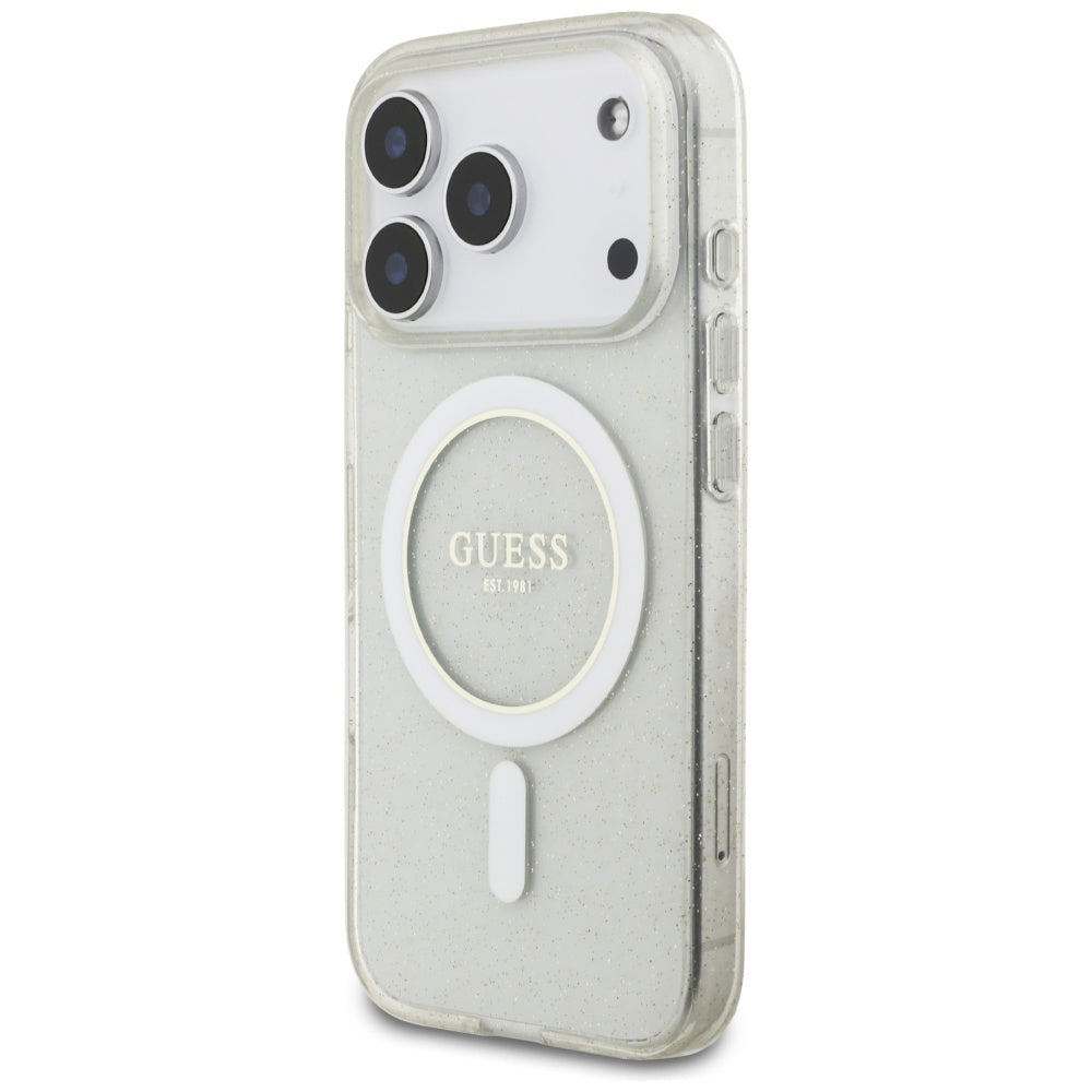 MagSafe Hülle für Apple iPhone 17 Pro, Guess, IML Glitter mit Perlengurt, Transparent