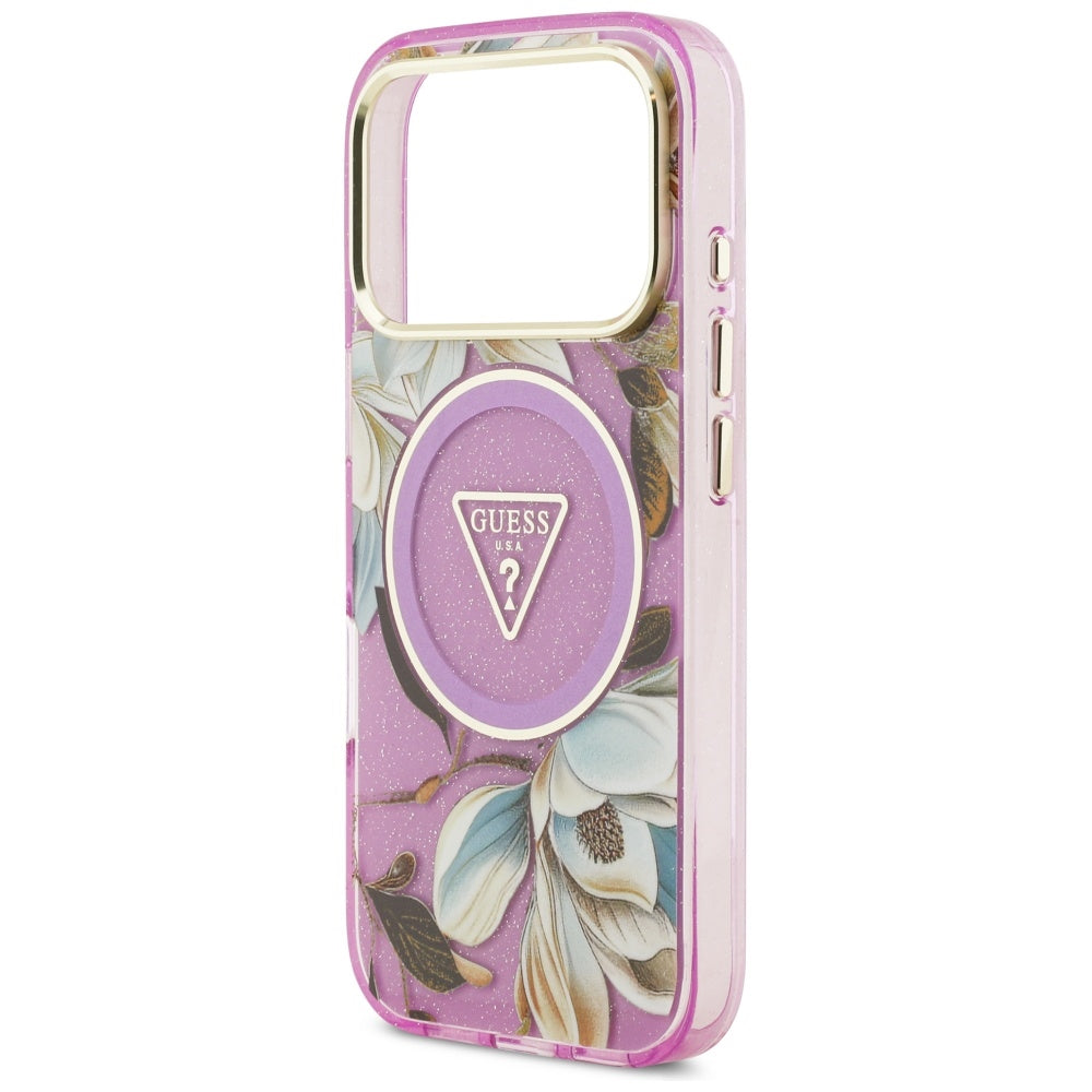 Custodia MagSafe per Apple iPhone 17 Pro, Guess, IML Metal Glitter Flowers Triangle, Viola