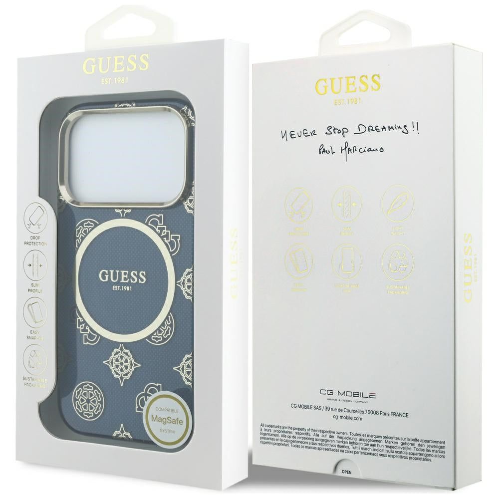 MagSafe Hülle für Apple iPhone 17 Pro, Guess, IML Peony Dot, Blau