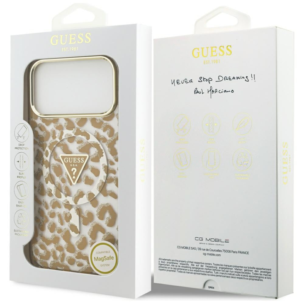 Étui MagSafe pour Apple iPhone 17 Pro, Guess, Leopard Glitter, Marron
