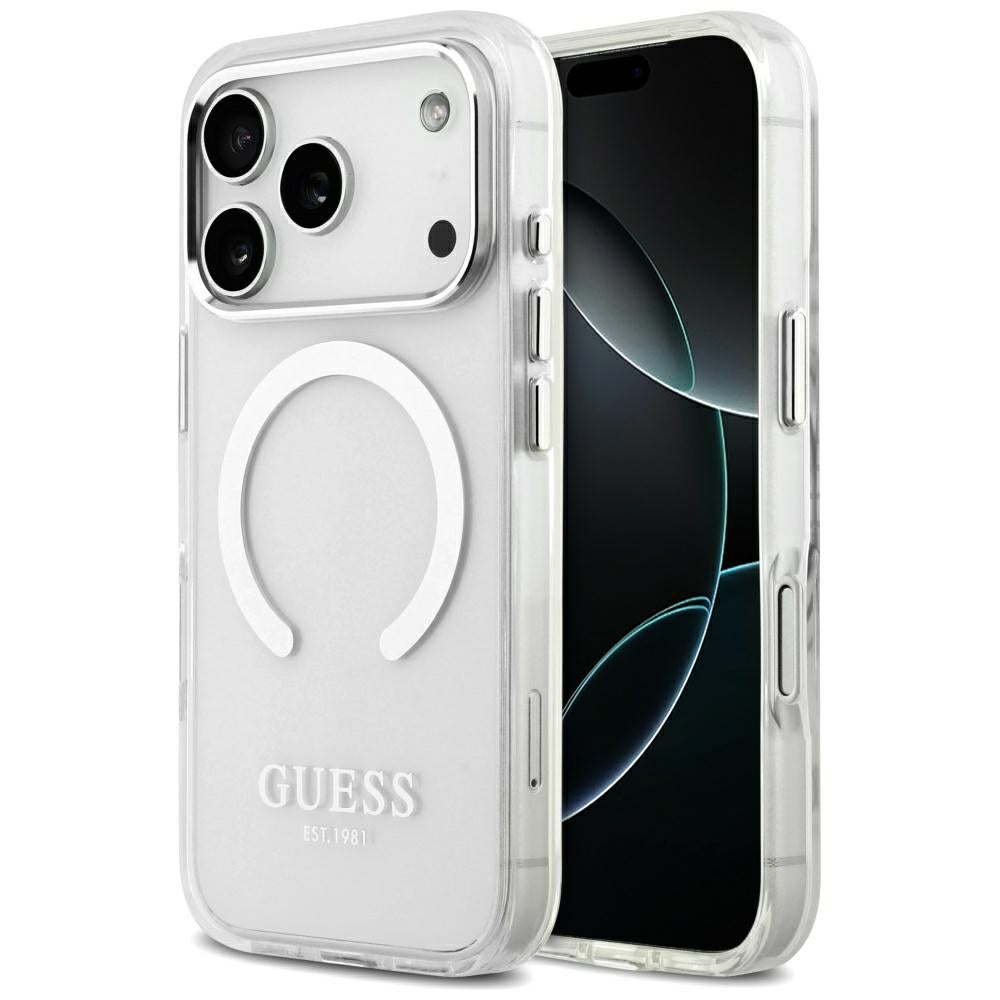 Coque MagSafe pour Apple iPhone 17 Pro, Guess, Metal Outline, Argentée