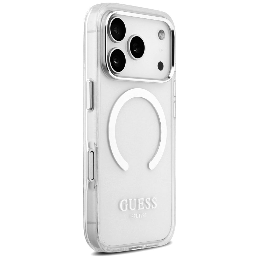 Coque MagSafe pour Apple iPhone 17 Pro, Guess, Metal Outline, Argentée